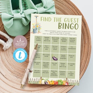 Lokaal geteelde Bingokaartsjabloon Vind de gast voor je Sage Green Farmers Market-babyshowergames. Bewerkbaar, afdrukbaar | LG02