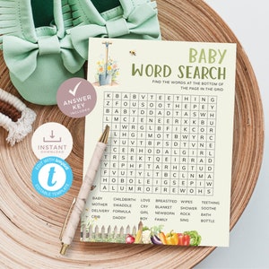 Modèle de recherche de mots pour baby shower cultivé localement sur le thème du jardin de légumes verts pour les jeux de baby shower du marché de producteurs. Imprimable, modifiable | LG02