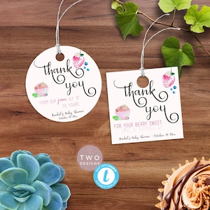 Strawberry Thank You tags in square and round shapes. Say a berry sweet thanks to your guests. Editable template, instant download | ST02