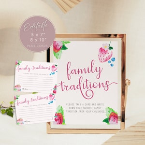 Panneau et carte sur les traditions familiales aux fraises, jeux de baby shower aux baies sucrées, conseils aux parents, thème des fruits roses. Modifiable, imprimable | ST02