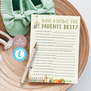 Cultivé localement qui connaît les parents Le meilleur jeu-questionnaire pour baby shower sur le thème du marché de producteurs de légumes du jardin vert sauge. Modifiable, imprimable | LG02