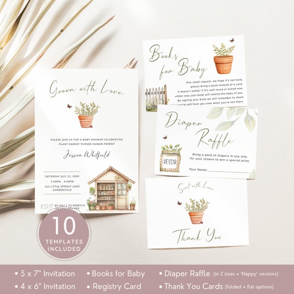 Grown With Love Baby Shower Invitation Bundle for Plant Parents. Modern Rustic Garden Theme Invite Set. Editable Templates, Printable | GR02