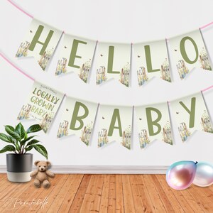 May include: A green and white banner with the words "Hello Baby" in green letters. The banner is decorated with a garden theme, including flowers, butterflies, and a fence.