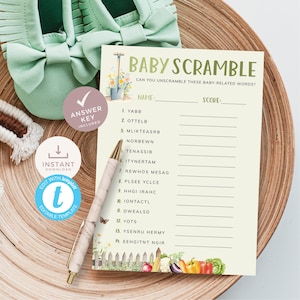 Lokaal gekweekte babyshower woord scramble antwoordsleutel, themaspel boerenmarkt, salie groene moestuin. Afdrukbaar, bewerkbaar | LG02