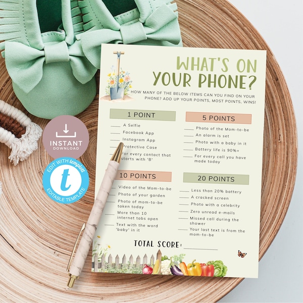 Locally Grown What's On Your Phone Baby Shower Game in Sage Green Veggie Garden Farmers Market Theme. Editable, Printable, Download | LG02