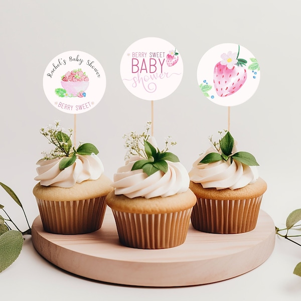 Strawberry Baby Shower Cupcake Topper Template. Perfect for your Berry Sweet Shower decor this summer. Personalize, Downloadable | ST02