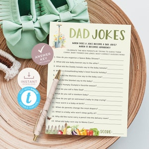 Babyshowerspel Local Grown Dad Jokes met antwoordsleutel. Groene, biologische en frisse babygrappen voor je boerenmarktdouche | LG02