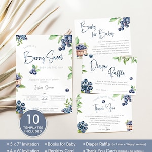 Paquete de invitaciones para baby shower con diseño de arándanos, juego de invitaciones con diseño de bayas y un dulce bebé en camino, paquete rústico de verano con temática de frutas. Editable, imprimible / BL02
