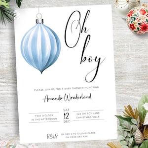 Christmas Ornament Baby Shower Invitation, Oh Boy Modern Minimalist Invite, Dusty Blue Holiday Bauble, Elegant. Editable, Printable | CH02