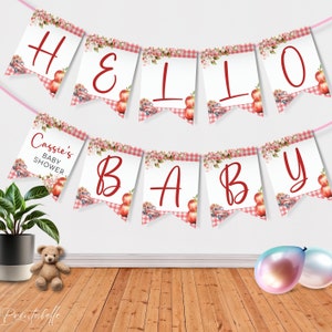 May include: A banner that spells "HELLO BABY" in red script letters. Each pennant has a red and white gingham border, apple illustrations, and a floral design. A smaller banner reads "Cassie's Baby Shower".