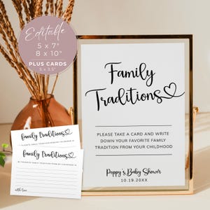 Family Traditions Baby Shower Templatett, Jogo de Tradições Familiares Favoritas Placa e Cartão, Minimal Moderno e Simples. Editável, Imprimível | MN01