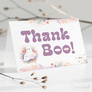 Carte de remerciement pliante Boo, carte de remerciement sur le thème d'Halloween, fantômes pastel avec style rétro, remerciements pour la saison effrayante. Modifiable, imprimable | HW01