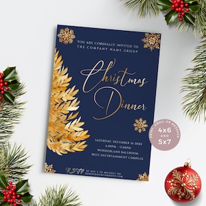 Puede incluir: Una invitación a una cena de Navidad azul y dorada con un diseño de árbol de acuarela dorada. El texto de la invitación dice "Usted está cordialmente invitado a la cena de Navidad del grupo Company Name. Sábado 16 de diciembre de 20XX 18:00 - 23:00 horas Salón de baile Wonderland Complejo de entretenimiento oeste RSVP antes del 1 de diciembre a Michele en admin@ourcompany.com". La invitación también incluye una nota que dice "Imprime, envía por correo electrónico o mensaje 4x6 y 5x7".
