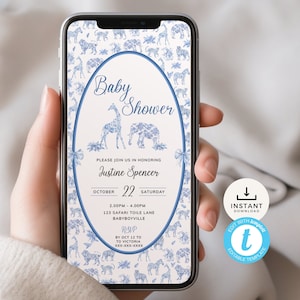 Toile De Jouy Baby Shower Evite, Convite Eletrônico Blue Toil Heirloom, Animais de Safári, Elefante e Girafa. Editável, Download | ST03