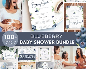 Blueberry Baby Shower Bundle, Berry Sweet Baby On The Way Mega Pack, Fruit Themed Summer Set in Rustic Navy Blue. Editable, Printable | BL02