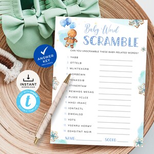Jeu de mots brouillés pour baby shower en pain d'épice avec corrigé, jeu de décryptage de biscuits de Noël bleus, festif. Modifiable, imprimable | CH15