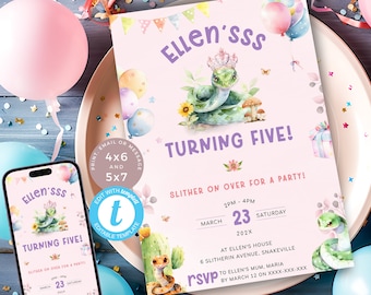 Pink Snake Birthday Invitation, 5th Birthday Party Invite, Reptile Turning Five Evite, Girl Princess Digital. Editable, Printable | SN10