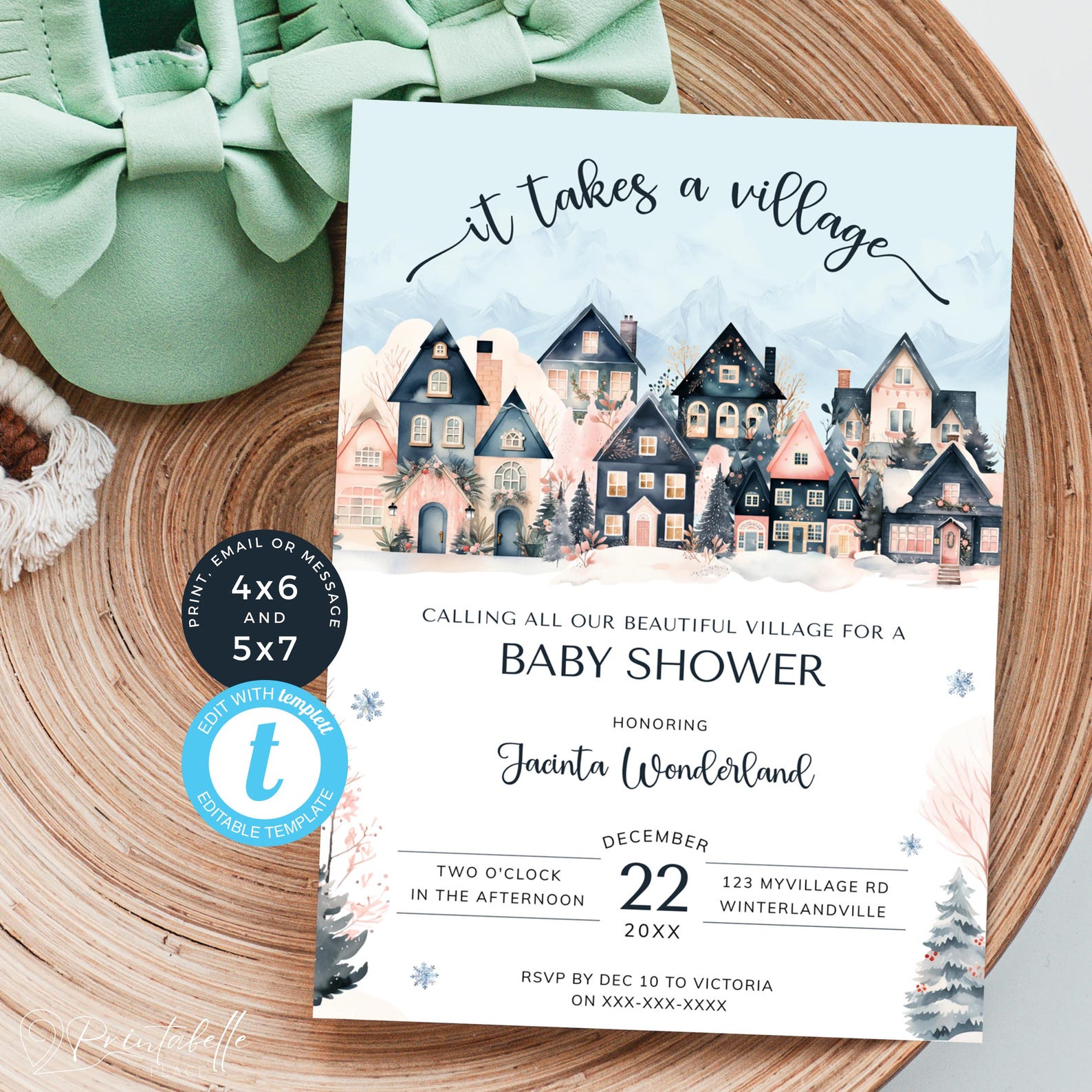 Scandi Einvite It Takes A Village Baby Shower Invitation Winter, Scandi Houses Invite ...