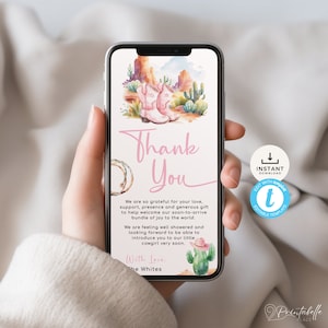 Tarjeta electrónica de agradecimiento. Plantilla editable para enviar un cálido mensaje campestre de agradecimiento a los invitados a tu baby shower de Little Cowgirl / CG01