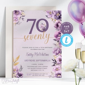 Lila & Gold Geburtstagseinladung: Elegante Blumeneinladung (druckbar, bearbeitbarer Download) | PP01