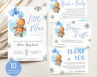 Gingerbread Man Baby Shower Invitation Bundle, Christmas Cookie Invite Set, Blue Xmas Holidays, Snowflake Sweets. Editable, Printable | CH15