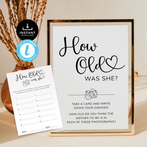 Quel âge avait-elle, jeu de baby shower moderne, Devinez l'âge de la maman, activité photo pour l'âge, panneau et carte minimalistes. Modifiable, imprimable | MN01