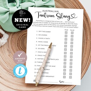 Unique Baby Shower Game, True or False Trivia with Answers, Australian Tantrum Slang, Modern Minimal Theme Card. Editable, Printable | MN01