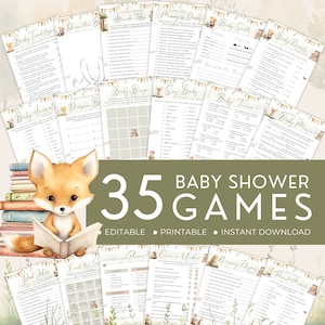 Storybook Baby Shower Games Bundle, A New Chapter Is About To Begin Activity Pack, Woodland Animals, Answer Key. Editable, Printable | SB01