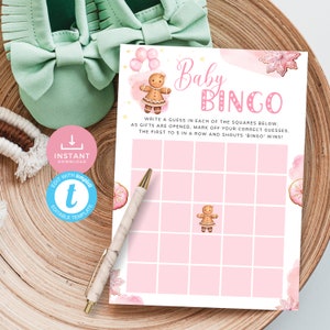 Jeu de bingo pour bébé en pain d'épice, jeu de baby shower de biscuits de Noël roses, activité devinez le cadeau avec du sucre et des épices Fille. Modifiable, imprimable | CH14