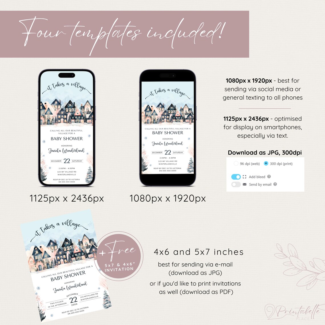 Scandi Einvite It Takes A Village Baby Shower Evite, Winter Theme Electronic Invite ...