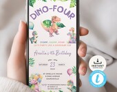 Dino Four Electronic Invite, Dinosaur Invitation Fourth Bday, Pastel 4th Birthday Party Digital Message or Email, Editable, Download | DN04