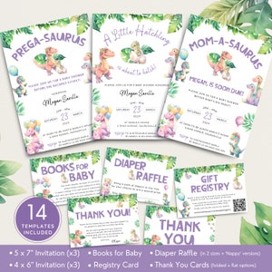Paquete de invitaciones para baby shower con dinosaurios, juego de invitaciones con dinosaurios pregasaurios rosados, paquete de insertos para invitaciones para mamás saurios de niñas. Editable, imprimible / DN06