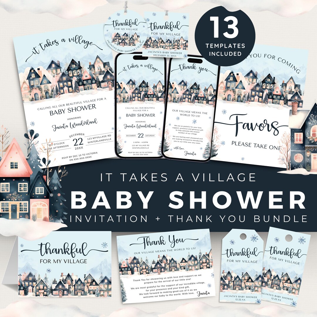 Scandi Einvite It Takes A Village Baby Shower Invitation and Thank You Bundle, Winter ...