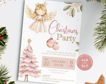 Inbjudan till julängel, inbjudan till julfest med änglar, rosa julgran, flygblad med julgransprydnad, jul. Redigerbar, utskrivbar | CH22