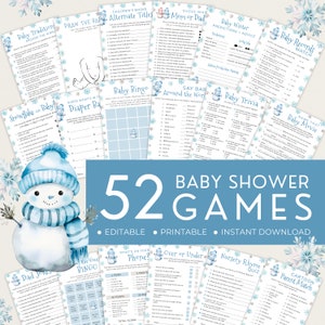 Snowflake Baby Shower Game Bundle, Winter Wonderland Activity, Dusty Blue We&#39;re Snow Excited Snowman, Answer Key. Printable, Editable | SN02