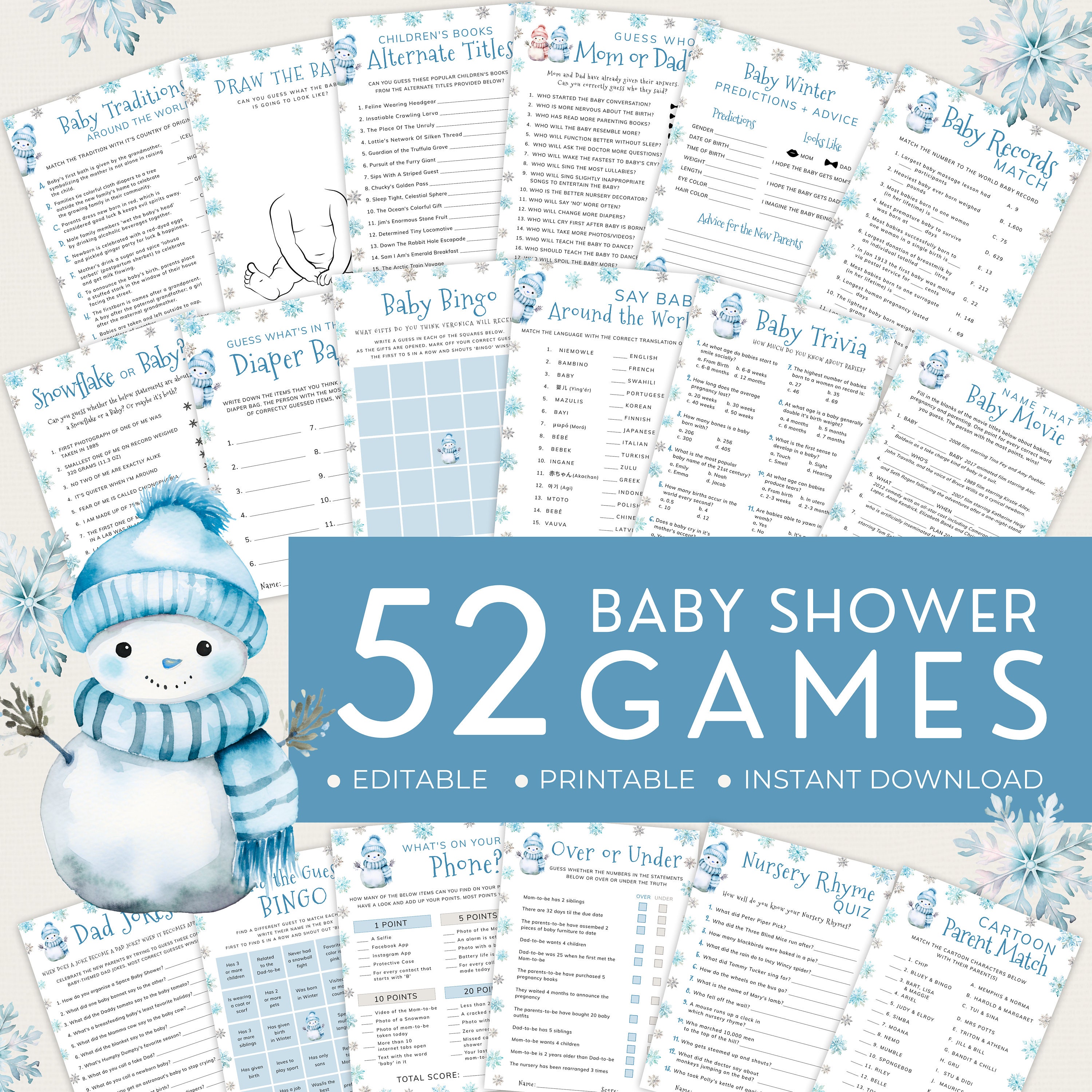 Snowflake Baby Shower Game Bundle, Winter Wonderland Activity, Dusty ...