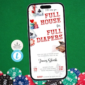 Elektronische uitnodiging babyshower papa voor pokeravond of themafeest casino. Digitale tentoonstelling Full House for Full Diapers kan worden bewerkt | DAD01