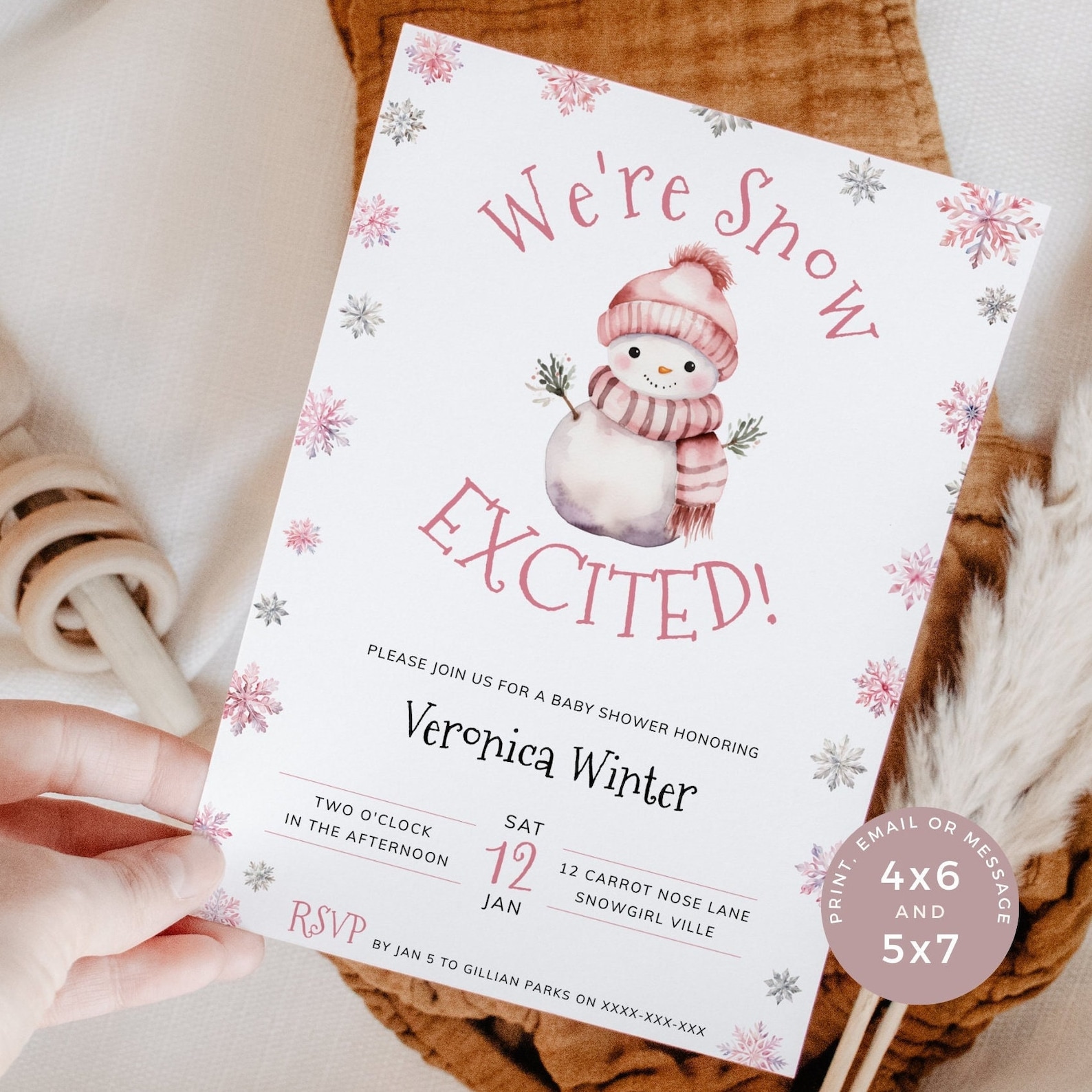 Pink Winter Snow Baby Shower Invitation. We're Snow Excited for This ...
