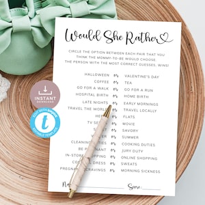 Juego de baby shower ¿Qué preferiría?, ¿Quién sabe cuál es la mejor mamá?, Juego de adivinanzas de esto o aquello, Minimalista moderno. Editable, imprimible / MN01
