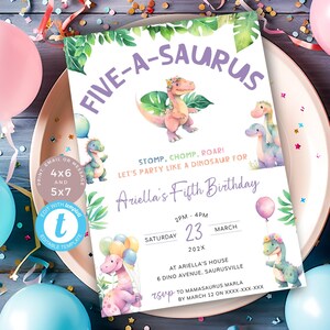 May include: A pink and purple dinosaur-themed birthday invitation for a girl's fifth birthday party. The invitation features a cartoon dinosaur with a flower crown and the text "Five-A-saurus". The invitation also includes the text "Stomp, Chomp, Roar! Let's party like a dinosaur for Ariella's Fifth Birthday" and details about the party, including the date, time, and location.