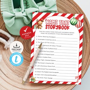 Merry Little Name That Storybook Baby Shower Game, Christmas Childrens Book Trivia, Alternate Title, Answer Key. Editable, Printable | CH05B