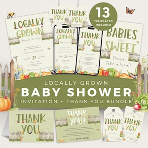 Lokal gewachsene Babypartyeinladung & Dankeschön-Bundle, Sage Green Invite Set, Farmers Market Garden Favor Tag. Bearbeitbar, Druckbar | LG02