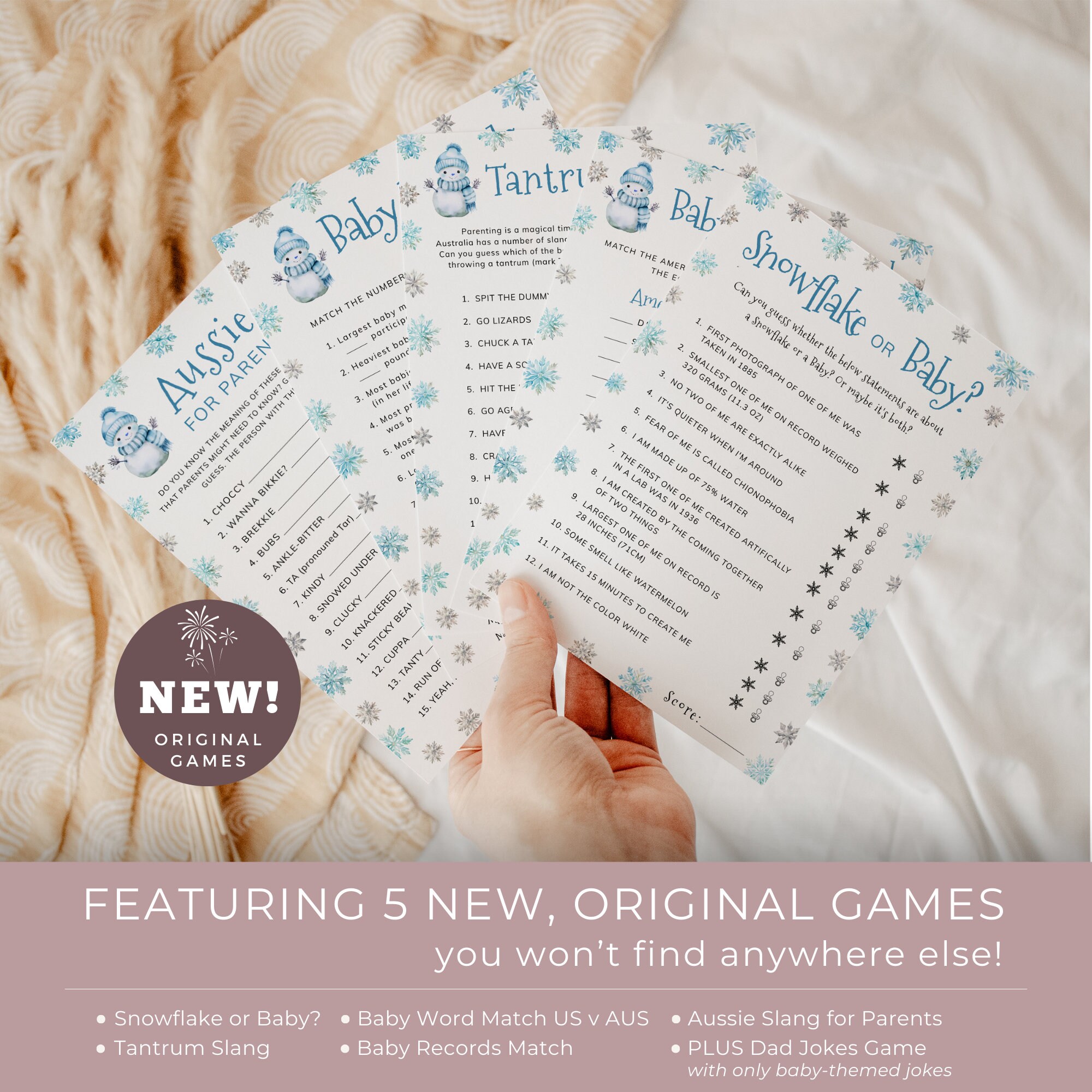 Snowflake Baby Shower Game Bundle, Winter Wonderland Activity, Dusty ...
