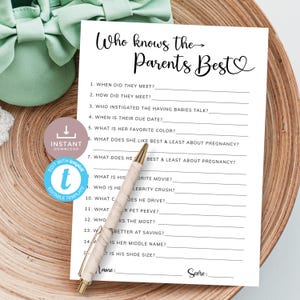 O quão bem você conhece os pais, quem conhece melhor a mamãe e o papai, jogo de chá de bebê para casais, cartão minimalista moderno. Editável, imprimível | MN01