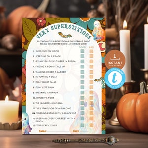 Retro Halloween True or False Superstitions Game, Groovy Ghosts Good luck or Bad luck Quiz, 70s Vintage Theme. Editable, Printable | HW11