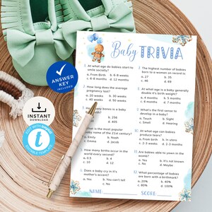 Gingerbread Man Baby Trivia Quiz, Christmas Cookie Baby Shower Game, Blue Sweet Boy Questions and Answer Key. Editable, Printable | CH14