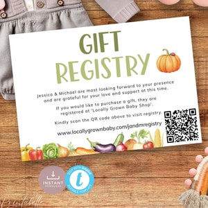 Carte de registre de cadeaux de produits cultivés localement Insérez le code QR pour le thème de la baby shower du marché de producteurs avec des légumes. Modèle modifiable, imprimable | LG02