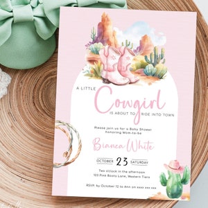 Cowgirl Baby Shower Invitation, Country Western Theme Invite, Pink Boots Cactus, A Little Cowgirl Is On The Way. Editable, Printable | CG01