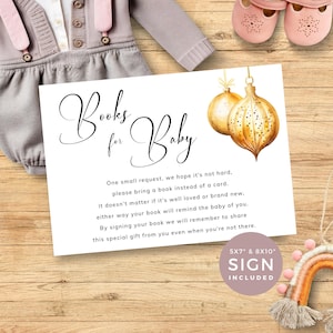 Boeken voor baby Card Insert and Sign in minimalistisch modern ontwerp voor genderneutraal kerstornament babyshower. Bewerkbare download | CH03
