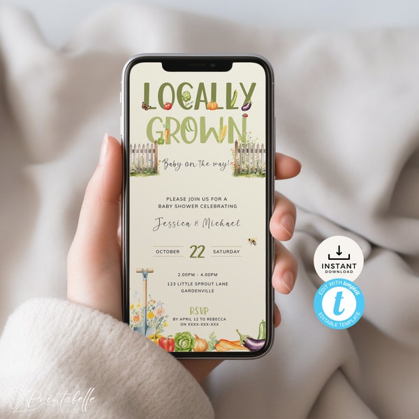 Locally Grown Baby Shower Electronic Invitation. Evite has home vegetable garden Farmers Market Theme. Editable, Instant Download | LG02